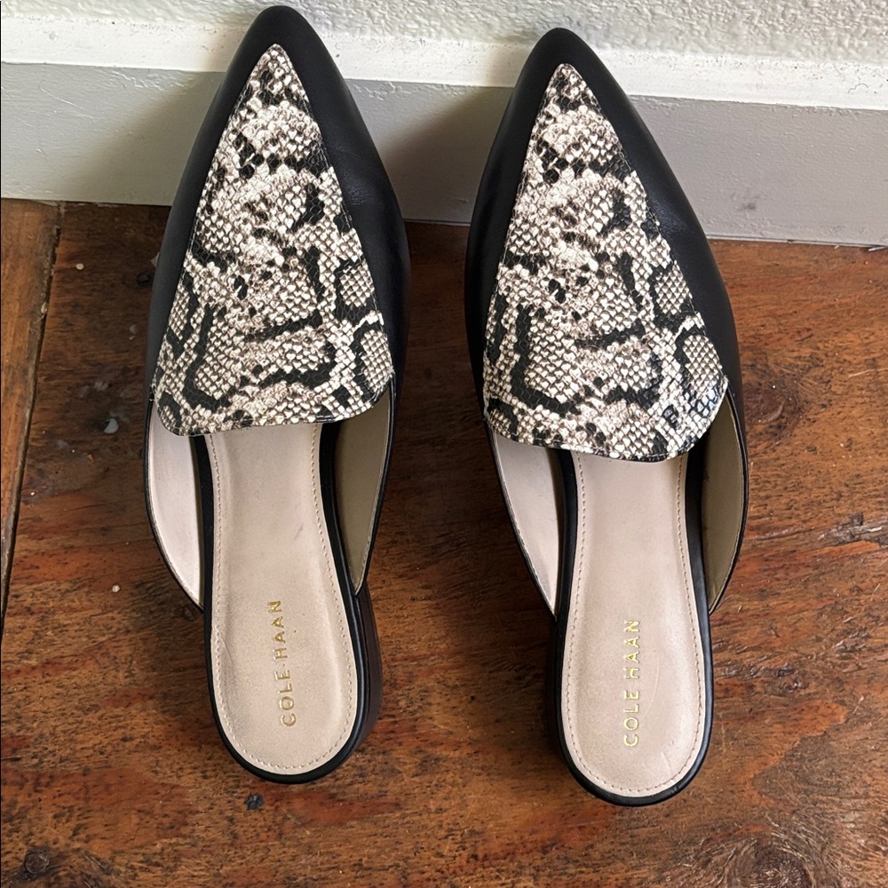 Cole Haan Black Mules with Snake-Print Vamp